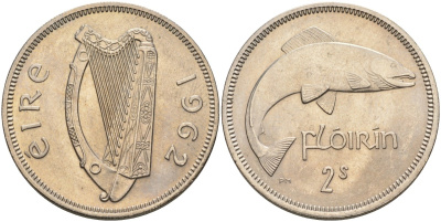 Ирландия 1 флорин 1962 лосось KM 15a медно-никель UNC 4583-413
