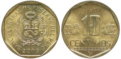 Перу 10 сентимо 2009 KM 305.4 латунь aUNC 4605-636