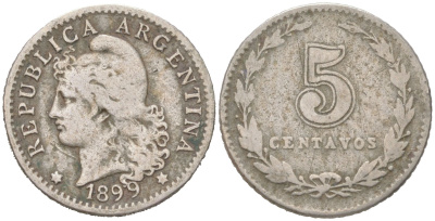 Аргентина 5 сентаво 1899 KM 34 медно-никель 4621-1033