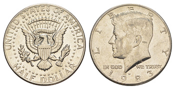 США 1/2 доллара (50 центов) 1983 D, Джон Кеннеди KM A202b медь плакированная медно-никелем aUNC 180-825