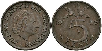 НИДЕРЛАНДЫ 5 ЦЕНТОВ 1956 ЮЛИАНА KM 181 бронза 95-324