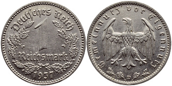 ГЕРМАНИЯ 1 РЕЙХСМАРКА 1937 D КМ 78 J.354 никель 56-1056