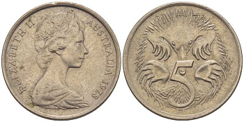 АВСТРАЛИЯ 5 ЦЕНТОВ 1978 ЕЛИЗАВЕТА II, МОЛОДОЙ ПОРТРЕТ, ЕХИДНА KM 64 медно-никель 100-1232