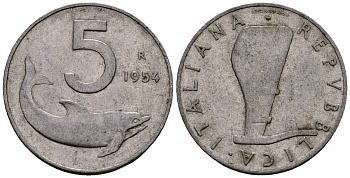 Италия 5 лир 1954 R, Руль, Дельфин KM 92 алюминий 4138-543