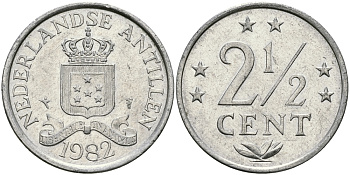 Нидерландские Антилы 2 1/2 цента 1982 Беатрикс (1980-2013) KM 9а алюминий 94-536