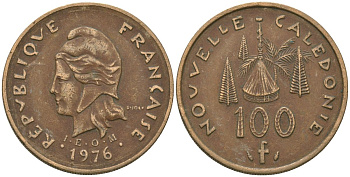 Французская Новая Каледония 100 франков 1976 хижина среди сосен и пальм, (IEOM) KM 15, Schoen 16, Lec 130 никель бронза 88-241