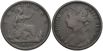 Великобритания 1 фартинг 1891 Виктория (1837-1901) KM 753, Spink 3958 бронза 4548-1117