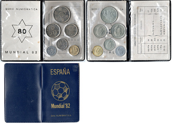 Испания официальный набор из 6 монет (50 сентимов; 1, 5, 25, 50 и 100 песет) 1980 чемпионат мира по футболу в Испании 1982 года KM MS11 (815, 816, 817, 818, 819 и 820) unc 6-5-3-10
