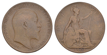 Великобритания 1 пенни 1908 Эдуард VII (1901-1910) KM 794.2, Spink 3990 бронза 114-126