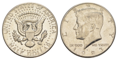 США 1/2 доллара (50 центов) 1983 D, Джон Кеннеди KM A202b медь плакированная медно-никелем aUNC 180-825