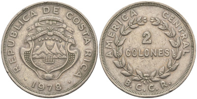 Коста-Рика 2 колона 1978 KM 187.2, Schoen 46.2 медно-никель 4117-1035