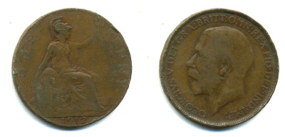 Великобритания 1 пенни 1912 Георг V (1910-1936) KM 810, Spink 4051 бронза 47-1223