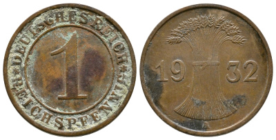 ГЕРМАНИЯ 1 РЕЙХСПФЕННИГ 1932 A KM 37, J. 313 бронза 4380-1227