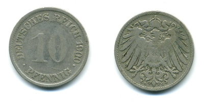 ГЕРМАНИЯ 10 ПФЕННИГОВ 1900 G KM 12, J. 13 медно-никель 54-456