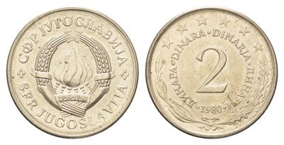 Югославия 2 динара 1980  KM 57 медь цинк никель  UNC  4660-513