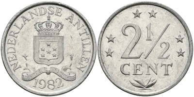 Нидерландские Антилы 2 1/2 цента 1982 Беатрикс (1980-2013) KM 9а алюминий 94-536