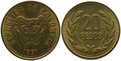 Колумбия 20 песо 1991 KM 282 алюминиевая бронза 4528-868