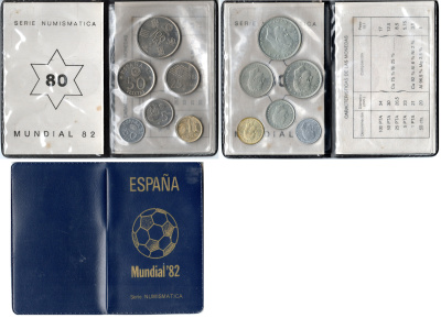 Испания официальный набор из 6 монет (50 сентимов; 1, 5, 25, 50 и 100 песет) 1980 чемпионат мира по футболу в Испании 1982 года KM MS11 (815, 816, 817, 818, 819 и 820) unc 6-5-3-10