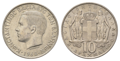 Греция 10 драхм 1968 год-тип, Константин II (1964-1973) KM 96 медно-никель aUNC 4131-111