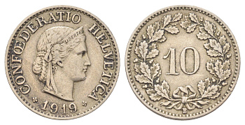 Швейцария 10 раппенов 1919 B KM 27 медно-никель 4708-1053