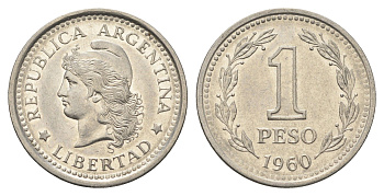 Аргентина 1 песо 1960 KM 57 сталь плакированная никелем 4663-626