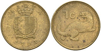 Мальта 1 цент 1991 ласка, горностай KM 93 никель латунь 4585-1211