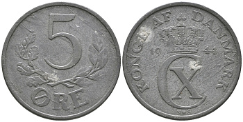 ДАНИЯ 5 ЭРЕ 1944 N; S, КРИСТИАН X (1912-1947) KM 834a цинк 32-536