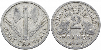 ФРАНЦИЯ 2 ФРАНКА 1944 В, ПРАВИТЕЛЬСТВО ВИШИ KM 904.2 алюминий 114-813