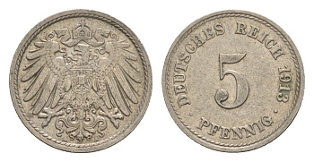 Германия 5 пфеннигов 1913 A, Вильгельм II (1888-1918) KM 11, J. 12 медно-никель 4640-145