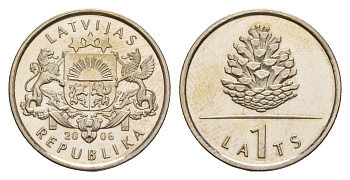 Латвия 1 лат 2006 Шишка KM 74 медно-никель UNC 4644-963