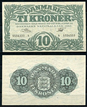 Дания 10 крон 1948 подписи Riim - Friis, серия t Pick 37 f  бумага  UNC (пресс) 451-723-3