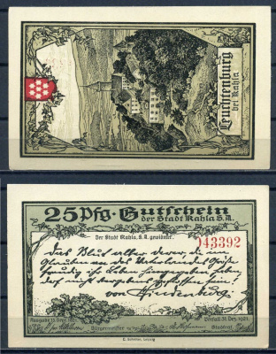 Кала (Тюрингия) 25 пфеннигов 1921 DeNG 1/2 0668.6d-1/3 бумага aUNC 7556-10-3-1