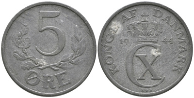 Дания 5 эре 1944 N; S, Кристиан X (1912-1947) KM 834а цинк 32-536