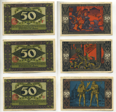 КЁЛЬН НАБОР ИЗ 3 БАНКНОТ ПО 50 ПФЕННИГОВ 1922 НОТГЕЛЬД, ГОРОД КЕЛН, СКАЗОЧНАЯ СЕРИЯ, ГНОМЫ, 50, 50, 50 ПФЕННИГОВ, 12 ЯНВАРЯ 1922-15 АВГУСТА 1922 Grabowski 717.2 бумага 70-7-4