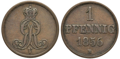 Ганновер 1 пфенниг 1856 B, Георг V KM 221, AKS 155, J. 83 медь 4594-212