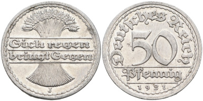 Германия 50 пфеннигов 1921 J KM 27, J. 301 алюминий UNC 4591-124