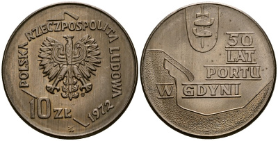 Польша 10 злотых 1972 MW, 50 лет морскому порту в Гдыне KM 65 медно-никель 4168-814