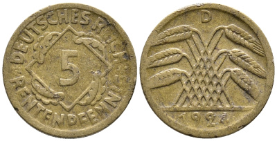 ГЕРМАНИЯ 5 РЕНТЕНПФЕННИГОВ 1924 D KM 32, J. 308 алюминиевая бронза 39-524