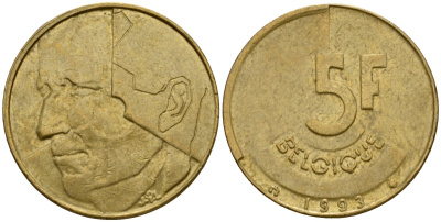 Бельгия 5 франков 1993 Belgique, Бодуэн I (1951-1993) KM 163 алюминиевая бронза 4601-217