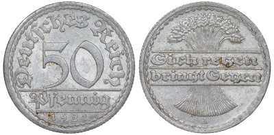 Германия 50 пфеннигов 1921 A KM 27, J. 301 алюминий 4163-1135