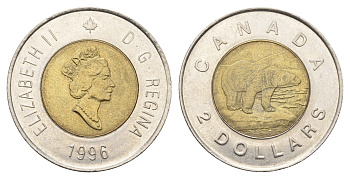 Канада 2 доллара 1996 Елизавета II (1952-2022), полярный медведь KM 270 биметалл 4678-1236
