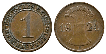 ГЕРМАНИЯ 1 РЕЙХСПФЕННИГ 1924 J KM 37, J.313 бронза 4380-1062
