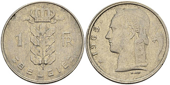 БЕЛЬГИЯ 1 ФРАНК 1965 BELGIE KM 143.1 медно-никель 4546-356