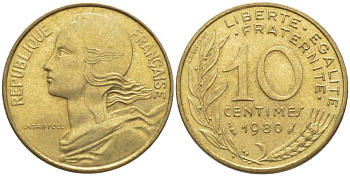 ФРАНЦИЯ 10 САНТИМОВ 1980 ТИП MARIANNE КМ 929, LE FRANC 144.20 алюминиевая бронза 116-127