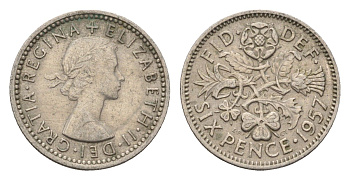 Великобритания 6 пенсов 1957 Елизавета II (1952-2022) KM 903, Spink 4149 медно-никель 4674-851