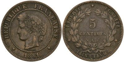 Франция 5 сантимов 1881 A, Третья республика (1871-1940) KM 821.1, Le Franc 118.6 бронза 51-722