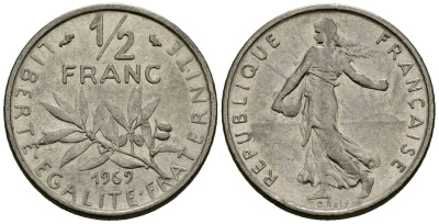 Франция 1/2 франка 1969 сеятель KM 931 никель 4135-653