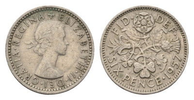 Великобритания 6 пенсов 1957 Елизавета II (1952-2022) KM 903, Spink 4149 медно-никель 4674-851