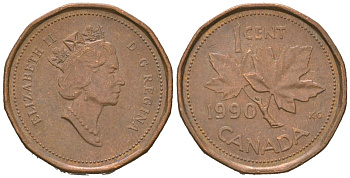 Канада 1 цент 1990 Елизавета II (1952-2022), кленовый лист KM 181 бронза 4383-149