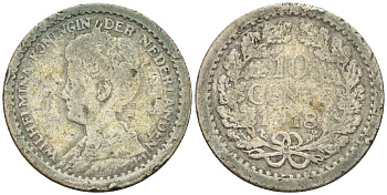 Нидерланды 10 центов 1918 Вильгельмина I (1890-1948) KM 145 серебро    4115-215